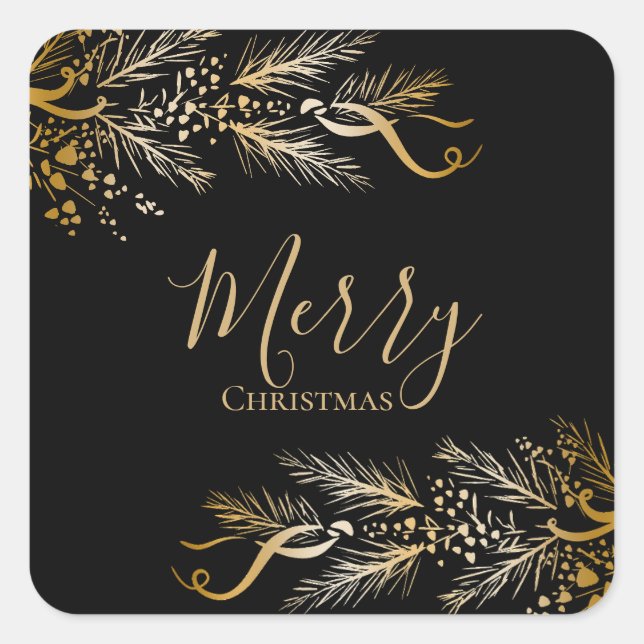 Elegant Modernes Gold Black Pine Frohe Weihnachten Quadratischer Aufkleber (Vorderseite)