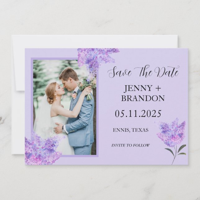Elegant Modernes Lila Foto Lilac Save The Date (Vorderseite)