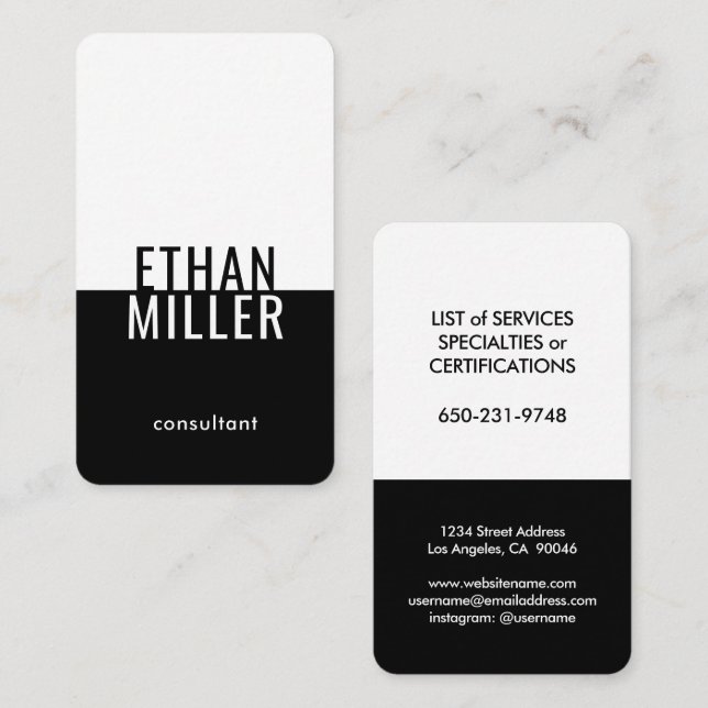 Elegant Modernes Minimalistisches Schwarz und Weiß Visitenkarte (Vorne/Hinten)