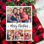 Elegant Modernes Script Collage Frohe Weihnachten Postkarte<br><div class="desc">Elegante, schwarze und weiße Schneeflocken Moderne 4 Foto Collage Frohe Weihnachts Script Holiday Postcard. Dieses festliche, mimimalistische, whimsical vier (4) Foto Urlaubskarte Vorlage verfügt über eine hübsche Foto Collage, einige Schneeflocke und sagt Frohe Weihnachten! Der Grußtext "Frohe Weihnachten" ist in einem schönen schwarzen Schriftart mit Schriftzeichen auf weißem Hintergrund geschrieben....</div>