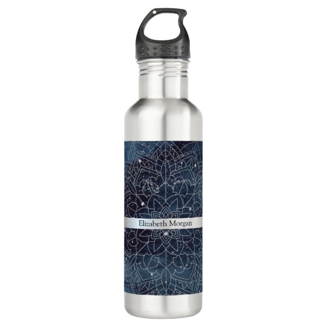 Elegant Modernes Silver Mandala Stripe Navy Blue Edelstahlflasche (Vorderseite)