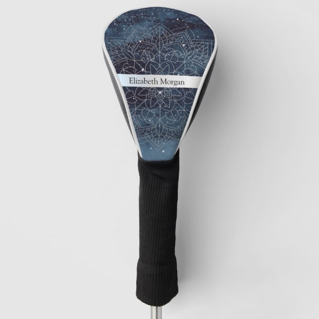Elegant Modernes Silver Mandala Stripe Navy Blue Golf Headcover (Vorderseite)