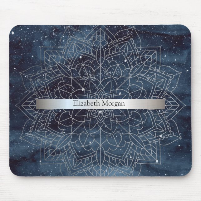 Elegant Modernes Silver Mandala Stripe Navy Blue Mousepad (Vorne)
