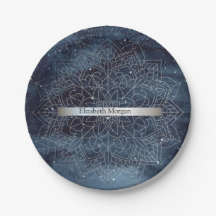 Elegant Modernes Silver Mandala Stripe Navy Blue Pappteller