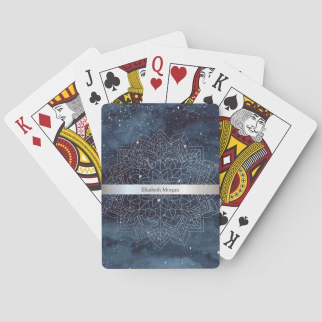 Elegant Modernes Silver Mandala Stripe Navy Blue Spielkarten (Rückseite)