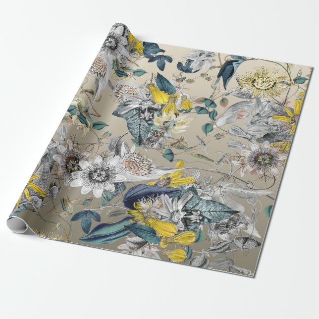 Elegant Modernes Vintages Gold Graugelbe Blüte Geschenkpapier (Ungerollt)