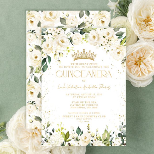 Elegant Modernes White Gold Floral Quinceñera Einladung (Von Creator hochgeladen)