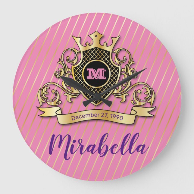 Élégant Monagram Or Façonné Horloge murale (Recto)