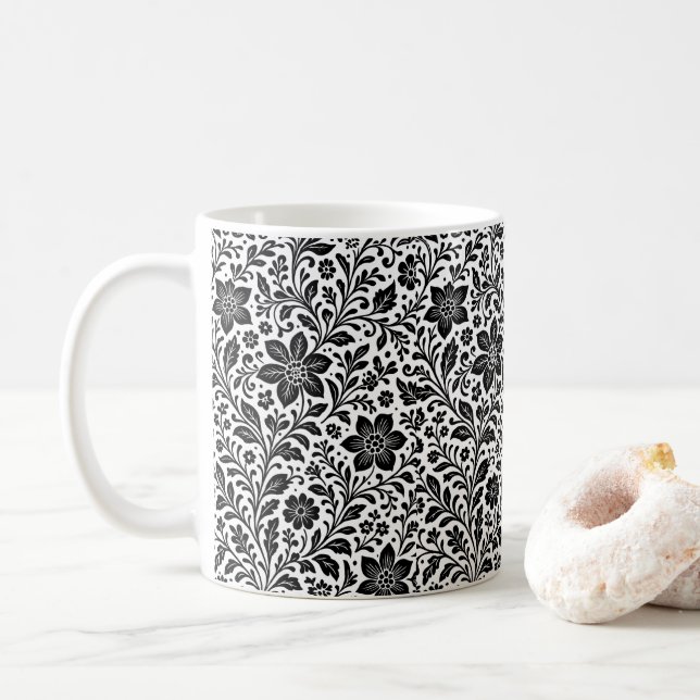 Elegant Monochrome Floral Batik Mug Coffee Cup (Avec donut)