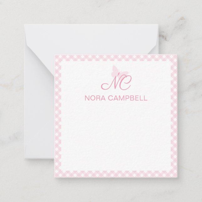 Elegant Monogram Baby Pink Gingham Personalisiert Mitteilungskarte (Vorderseite)