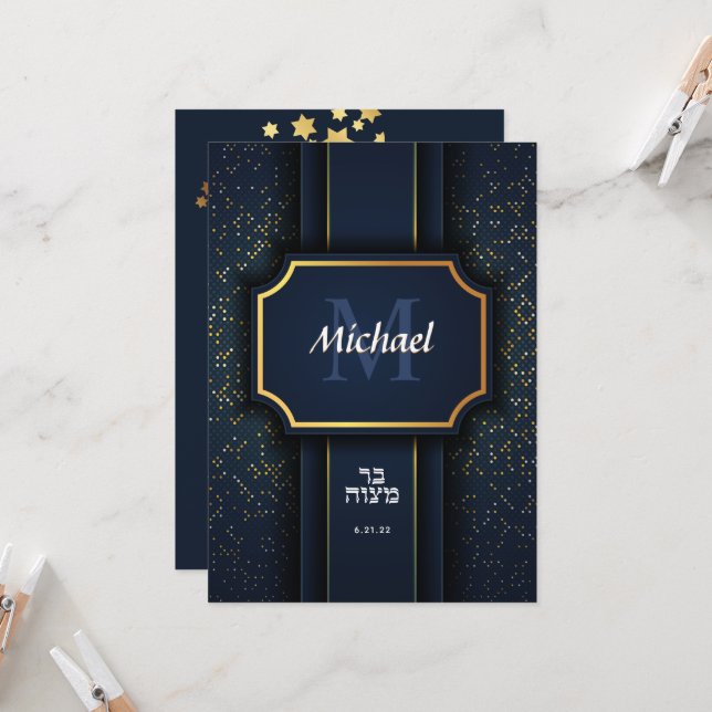 Elégant Monogram Bar Mitzvah Blue Gold Invitation (Devant/Arrière en situation)