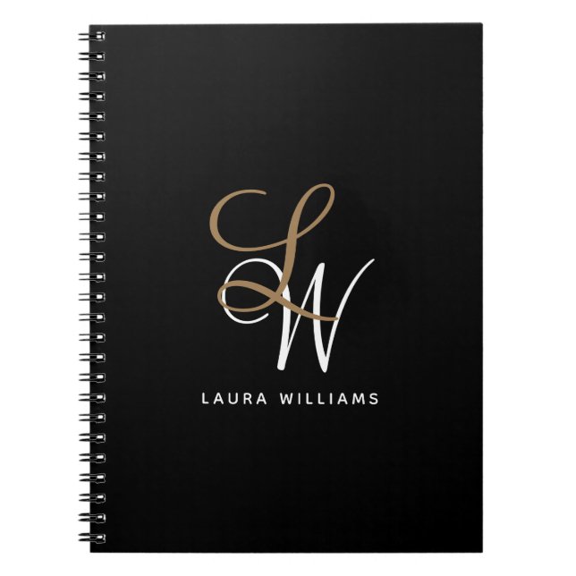 Élégant Monogram Black Gold Carnet Script (Devant)