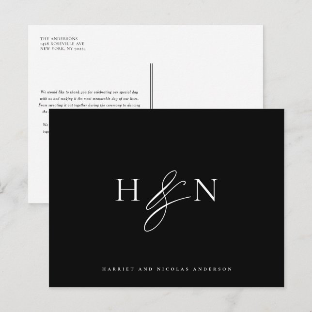 Elegant Monogram Black Wedding Vielen Dank Postkarte (Vorne/Hinten)