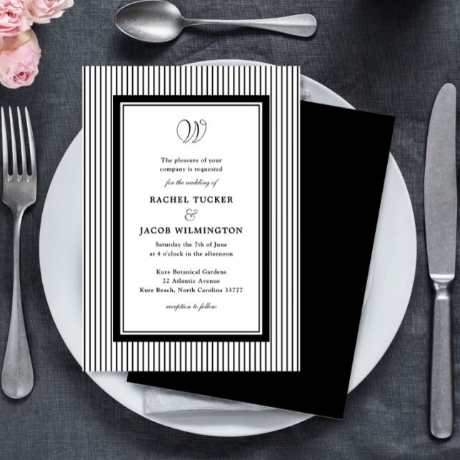 Elegant Monogram Black & White Striped Wedding Einladung (Von Creator hochgeladen)