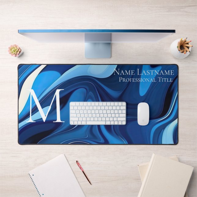 Elegant Monogram Blue Schreibtischunterlage (Büro 1)