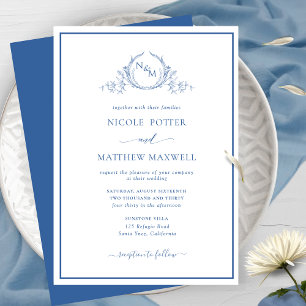 Elegant Monogram Blue Wedding Einladung