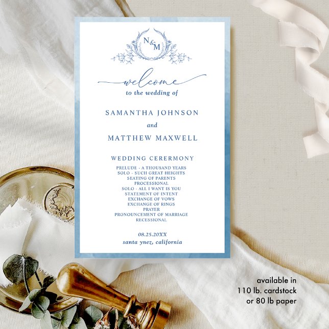 Élégant Monogram Blue Wedding Programme (Créateur téléchargé)