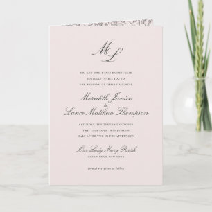 Elegant Monogram Blush Floral All In One Wedding Einladung
