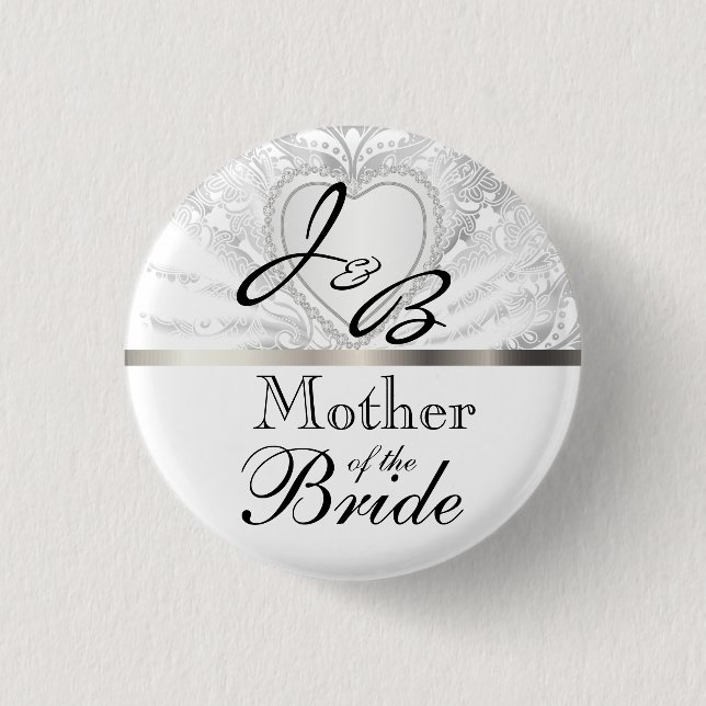 Elegant Monogram Bridal Party White Satin Design Button (Vorderseite)