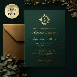Elegant Monogram Classic Luxe Emerald Green Gold Folieneinladung