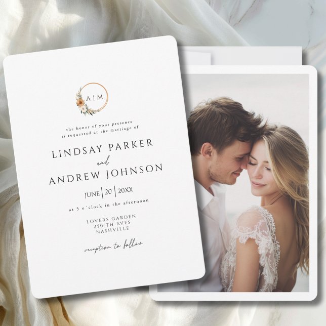 Elegant Monogram Copper Earthy Botanical Photo Einladung (Elegant Monogram Copper Earthy Botanical Photo Invitation)