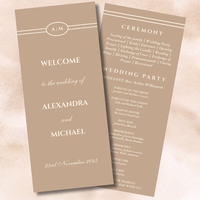 Élégant Monogram Cream Taupe Wedding Programme (Créateur téléchargé)