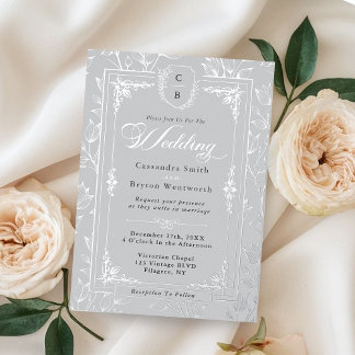 Elegant Monogram Crest Gray Silver Frame Wedding  Folieneinladung