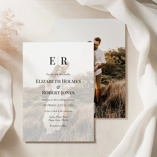 Elegant Monogram Custom Photo QR Code Wedding  Einladung (Elegant Monogram Custom Photo QR Code Wedding Invitation on an elegant silky tablecloth)