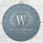 Elegant Monogram Dusty Blue Family Name Dartscheibe<br><div class="desc">This blue and white dart board is decorated with a laurel leaf monogram and your name and wedding date. A fun addition to your home decor. Makes a great gift for weddings and anniversaries. Personalize it with your Initial, name and wedding date. Designed for you by Blackberry Boulevard.</div>