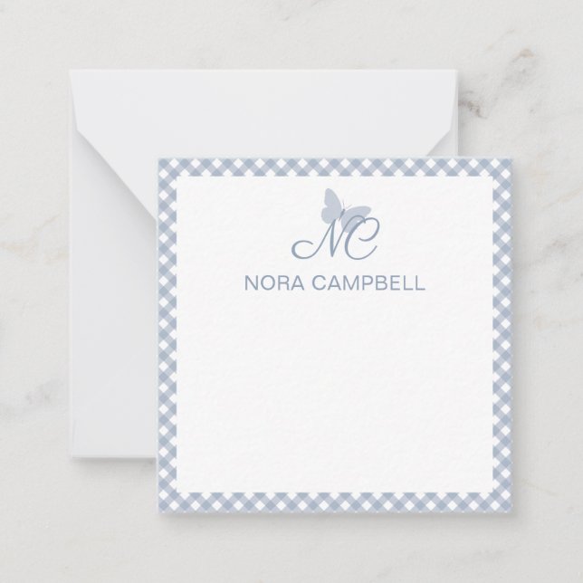 Elegant Monogram Dusty Blue Gingham Personalisiert Mitteilungskarte (Vorderseite)
