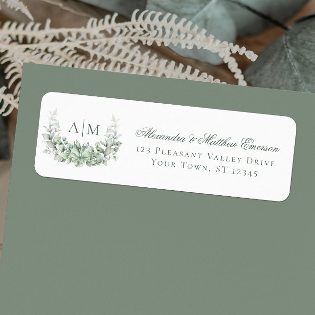 Elegant Monogram Eucalyptus Wedding Rücksendeadres (Von Creator hochgeladen)