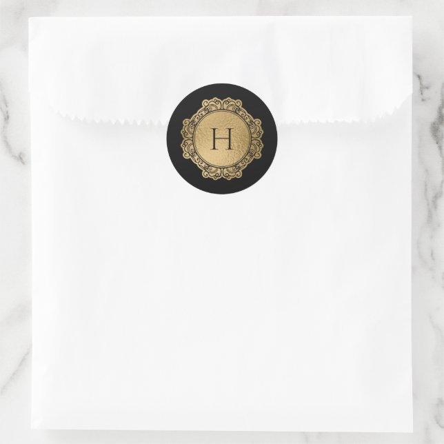 Elegant Monogram Family Black Gold Initial Seal Runder Aufkleber (Tasche)