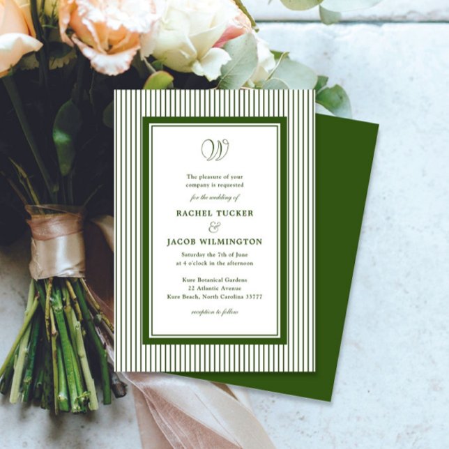 Elegant Monogram Forest Green Striped Wedding Einladung (Von Creator hochgeladen)