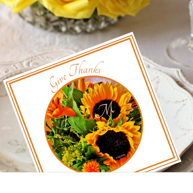 Elegant Monogram 'Give dank' Sunflower Bouquet Serviette (Von Creator hochgeladen)