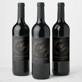 Elegant Monogram gold and black wine label Weinetikett