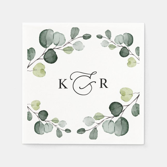 Elegant Monogram Greenery Eucalyptus Personalisier Serviette (Vorderseite)