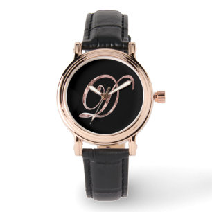 Elegant Monogram Initial D Black Rose Gold Armbanduhr