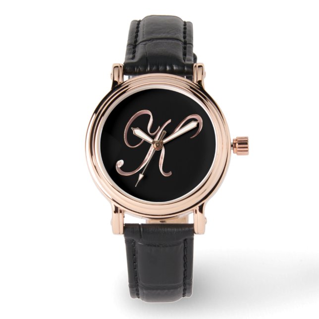 Elegant Monogram Initial K Black Rose Gold Armbanduhr (Vorderseite)