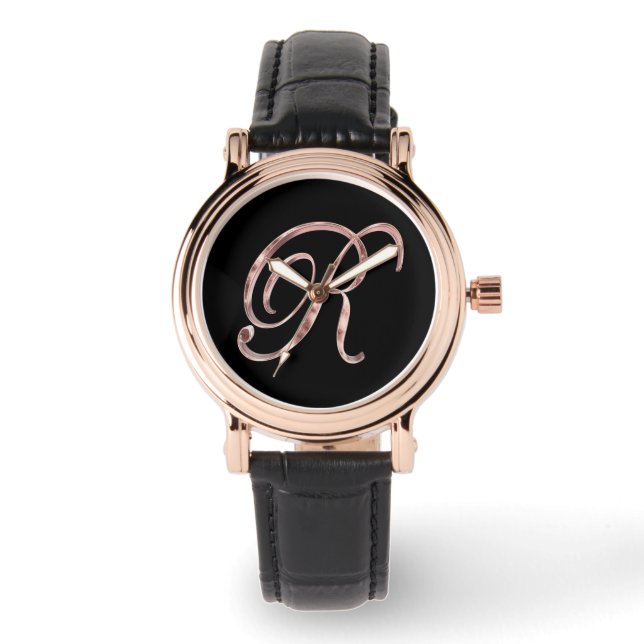 Elegant Monogram Initial R Black Rose Gold Armbanduhr (Vorderseite)
