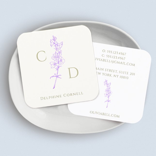 Elegant Monogram Lavender Larkspur Floral Quadratische Visitenkarte (Von Creator hochgeladen)