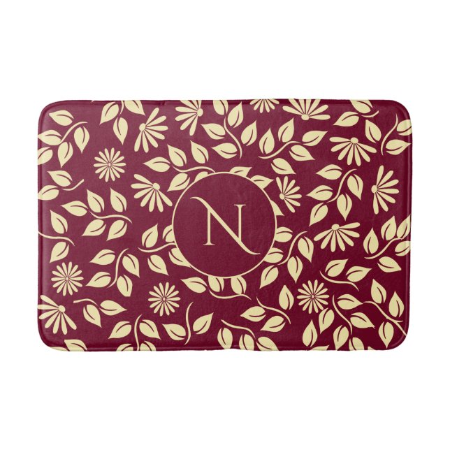 Elegant Monogram Leaf Daisy Pattern Burgundy Badematte (Vorderseite)