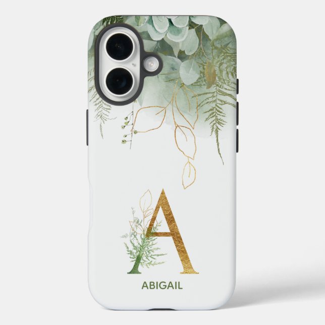 Elegant Monogram Letter A Greenery iPhone 16 Hülle (Rückseite)