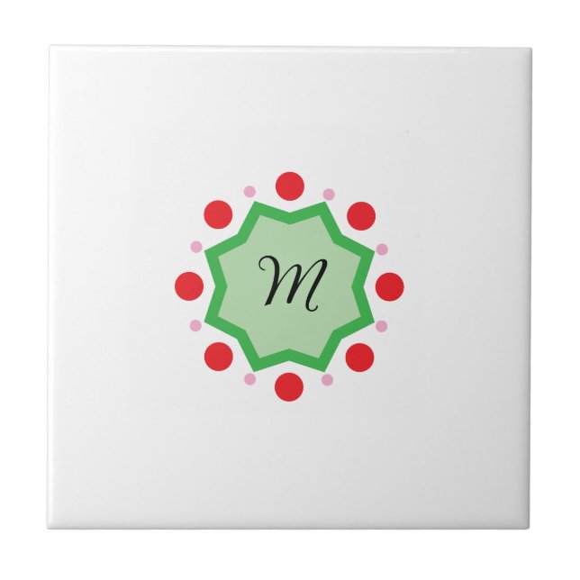 Elegant Monogram Letter M – Green Emblem with Red  Fliese (Vorderseite)