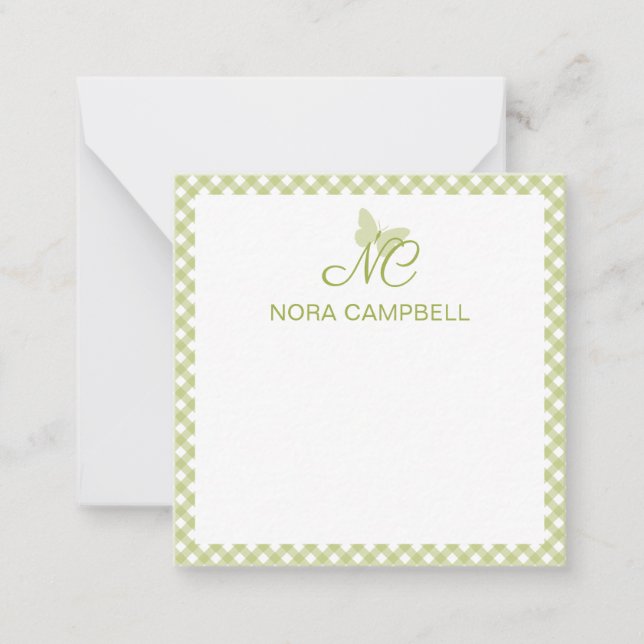 Elegant Monogram Light Green Gingham Personalisier Mitteilungskarte (Vorderseite)