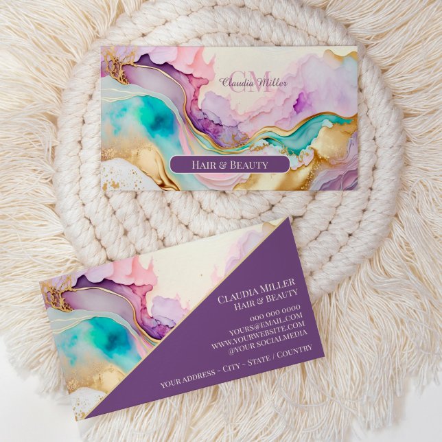 Elegant Monogram Marble Liquid Ink Visitenkarte (feminine agate sparkle elegant business card)