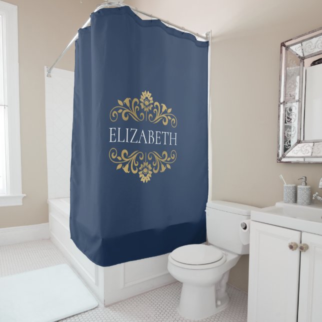 Elégant Monogram Marine Blue Gold Douche rideau (En situation)