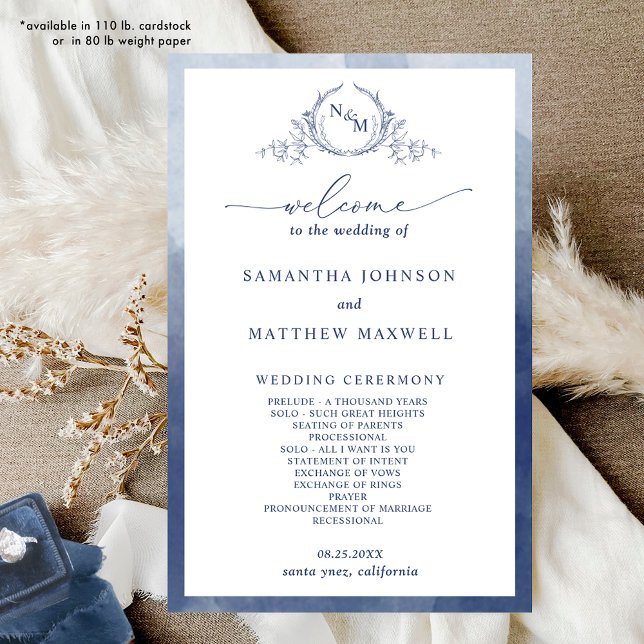 Élégant Monogram Marine Blue Wedding Programme (Créateur téléchargé)