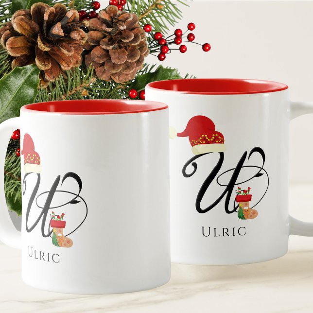 Elegant Monogram Modern Script Initial U Christmas Zweifarbige Tasse (Von Creator hochgeladen)