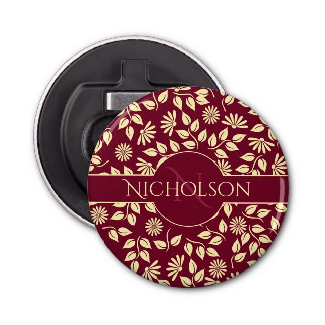 Elegant Monogram Name Leaf Daisy Pattern Burgundy Flaschenöffner (Vorderseite)