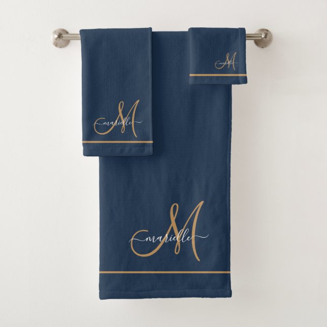 Elegant Monogram Navy Gold Script Name  Badhandtuch Set (Insitu)